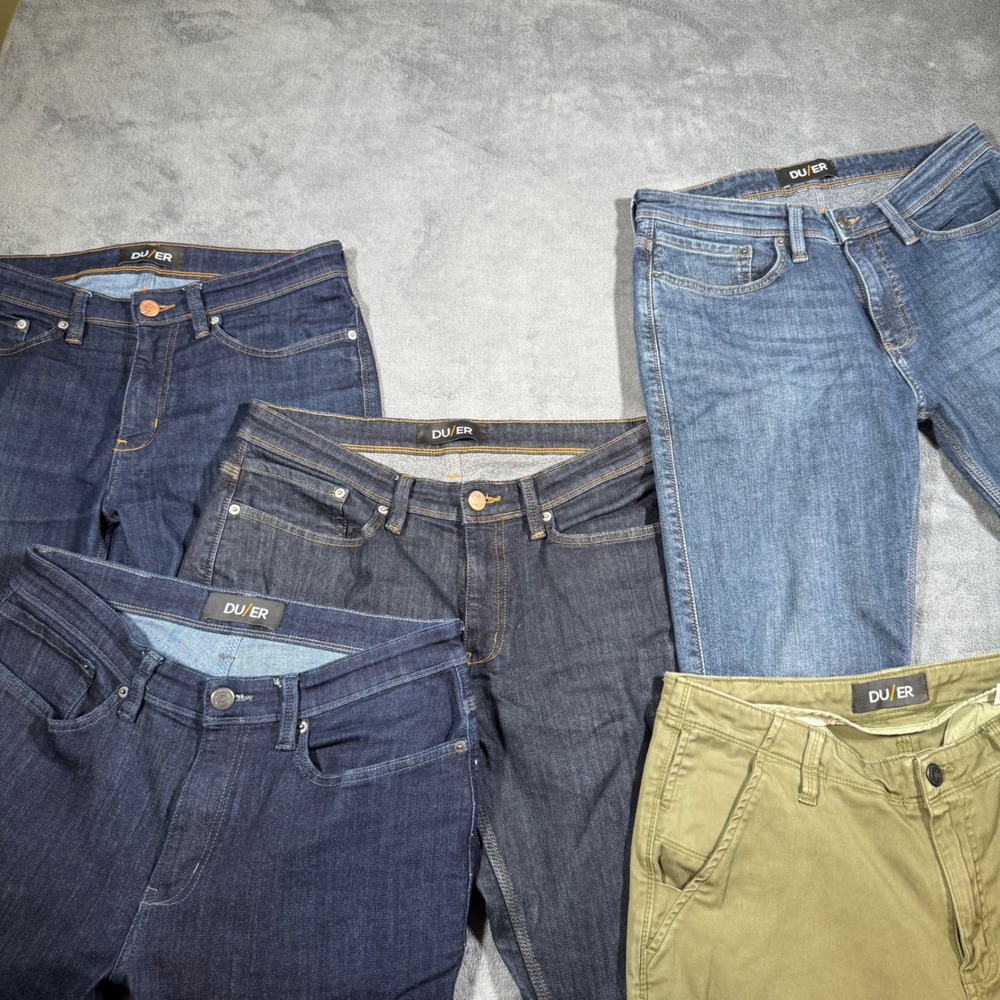 Lot of 5 DU/ER Pants Mens 32x32 Performance Denim Jeans Cargo Olive Blue Indigo